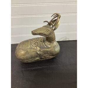 Antique Stag Deer Brass Betel Nut Box Incised & Repousse Small Dent on Bottom